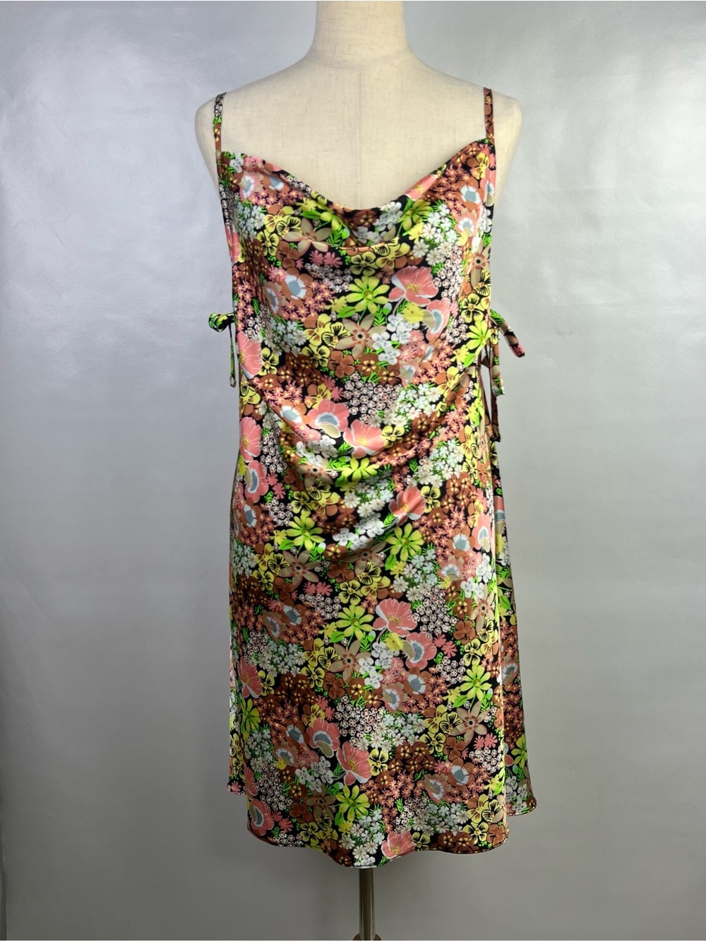 Forever 21 Multicolor Floral Satin Silk Cowl Neck Slip Mini Dress Side Ties 0X